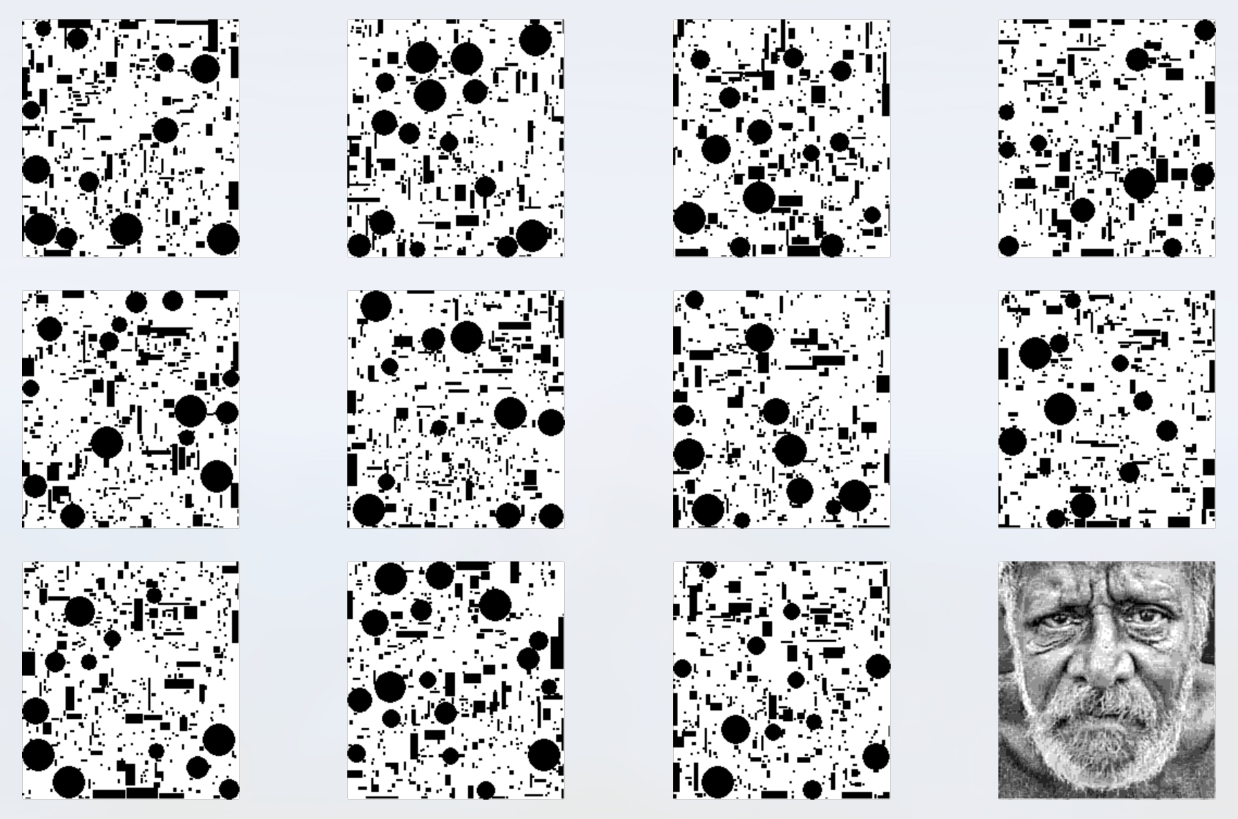 bearded man with circles and boxes